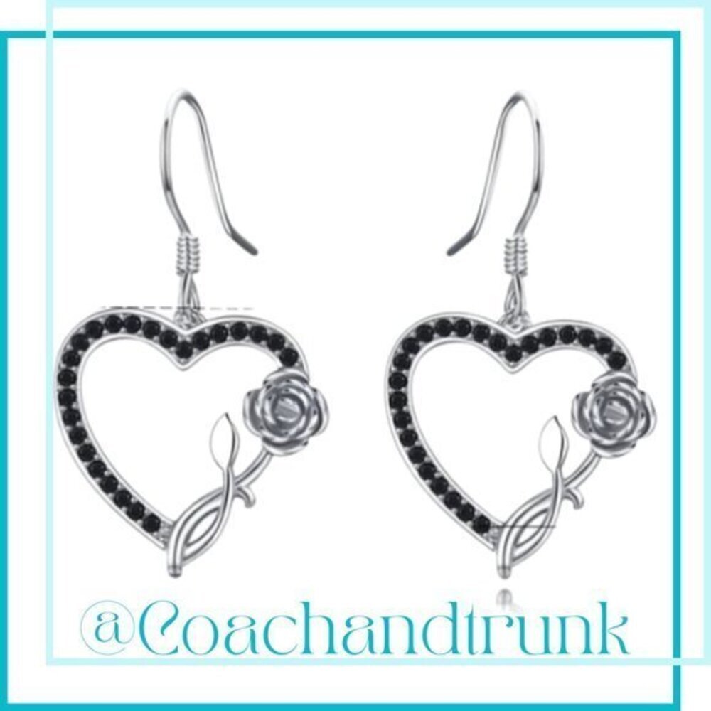 Sterling Silver French Hook Channel Set Black Spinel Heart and Rose Earrings